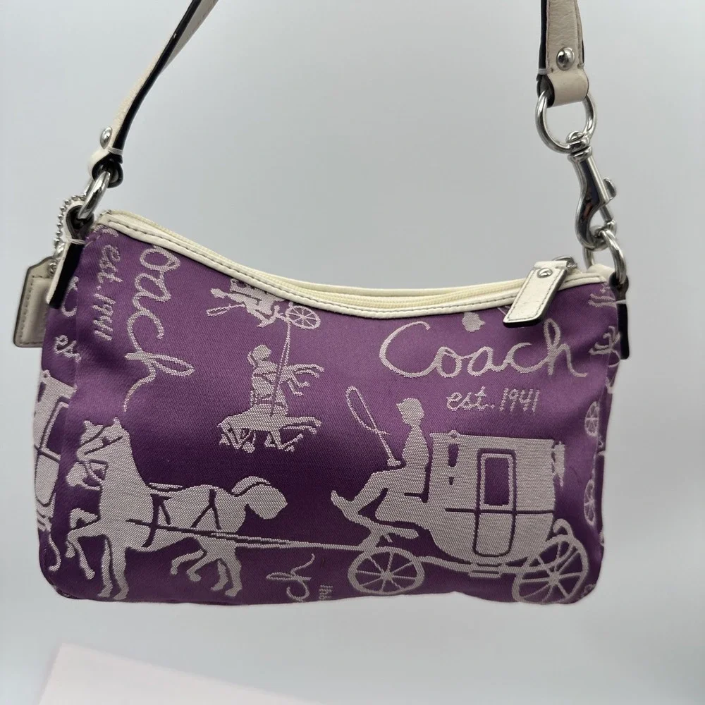 VTG Y2K Coach Purple Horse Carriage Print Wristlet & Bag Canvas Leather Trim EUC